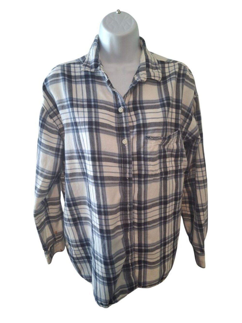 Womens Button Shirt M  Blue White Plaid Grandma Classic Casual Cottagecore
